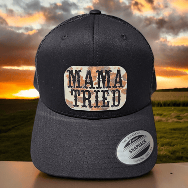 Mama Tried Cow Print Leather Patch Hat - Trucker Hat - Charm and Char